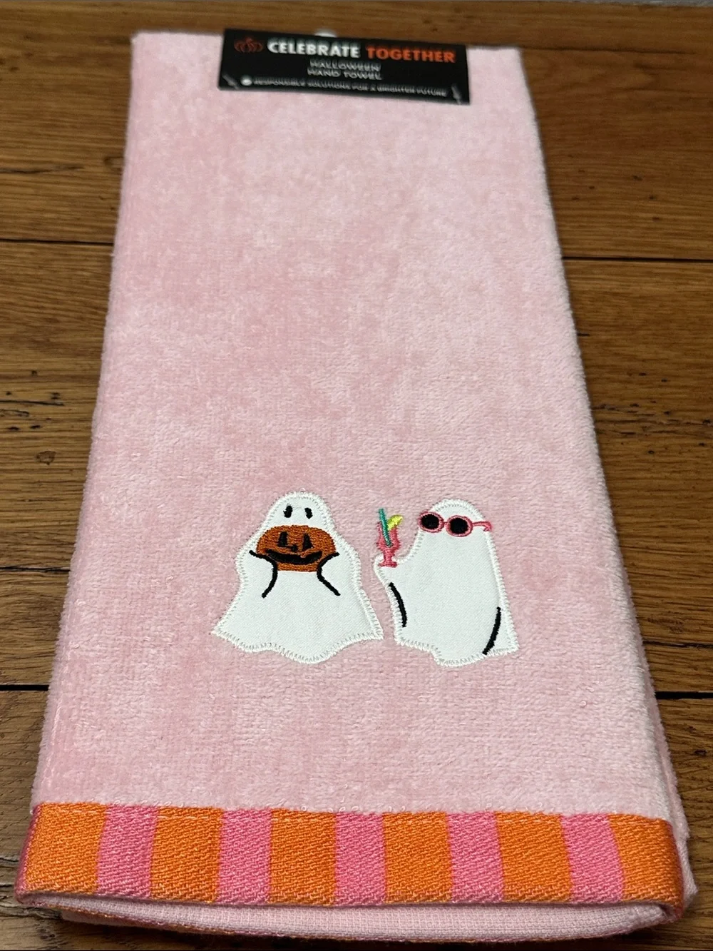 Pink Ghost Embroidered Hand Towel with Striped Trim